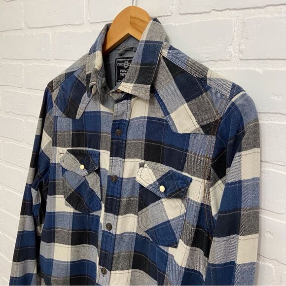 PRIVATE Member Mens plaid 100% cotton button down shirt blue ecru white in small - Picture 3 of 14